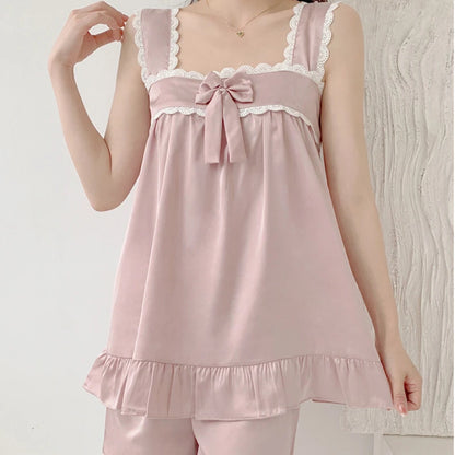 Summer Loose Ice Silk Loungewear Women Sexy Satin Pajamas Solid Color Tops Shorts Two Piece Sets  Princess Sleepwear Nightwear