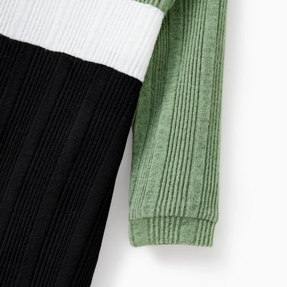 Family Matching Sets Green Color Block Long Sleeves Ribbed Tops/Dress/Romper