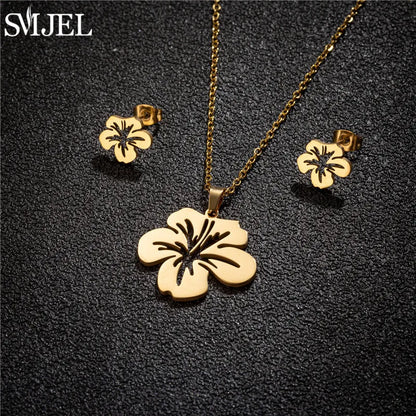 Stainless Steel Lily Flower Necklace Women Girls Golden Jewelry Sets Trendy Datura Cherry Blossom Earrings Wedding Gift