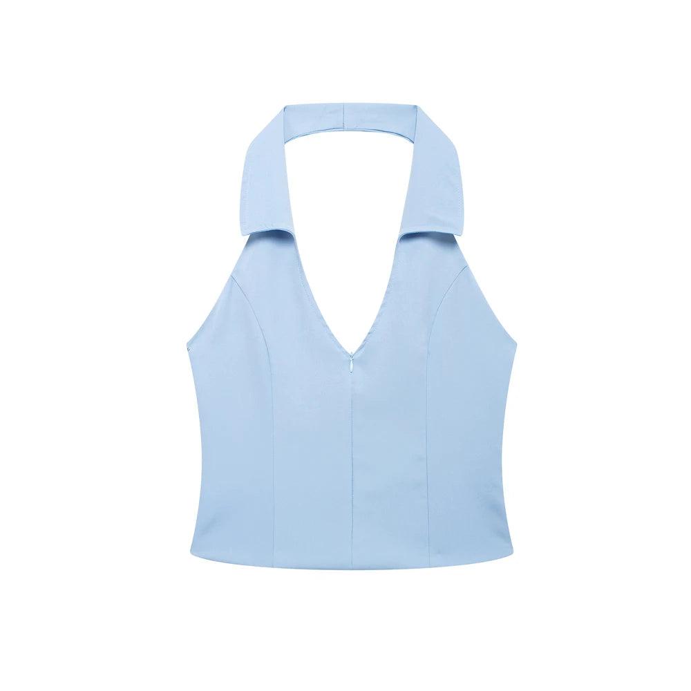 Sleeveless Backless Tank Tops for Women, Front Zipper, Hlaterneck, Female Camis, Sexy Fashion