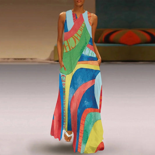 New Summer Women's Loose Long Dress Sleeveless V-neck  A-line Elegant Dresses for Women Casual Dress