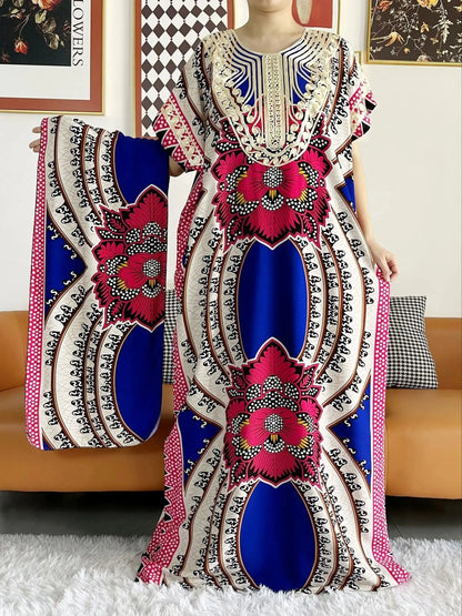 African Dashiki Dress Kaftan Abaya Cotton Boat-neck Floral Dress Printed Short Sleeve Loose Women Casual Dress with Scarf