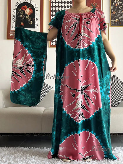 African Dashiki Dress Kaftan Abaya Cotton Boat-neck Floral Dress Printed Short Sleeve Loose Women Casual Dress with Scarf