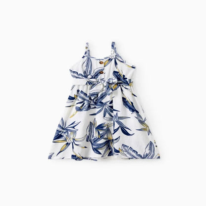 Family Matching Sets Plant Floral Shirt or Drawstring Front Halter Strap A-Line Dress