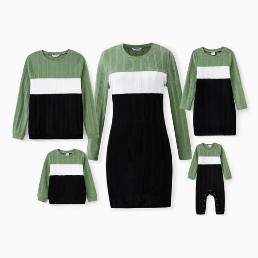 Family Matching Sets Green Color Block Long Sleeves Ribbed Tops/Dress/Romper