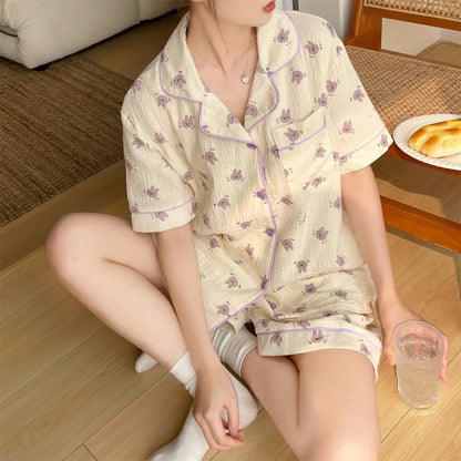 Rabbit Printing Ladies Pajamas Set Summer Kawaii Loungewear Women Green Homewear Cute Cartoon Korean Fashion Version Outfits