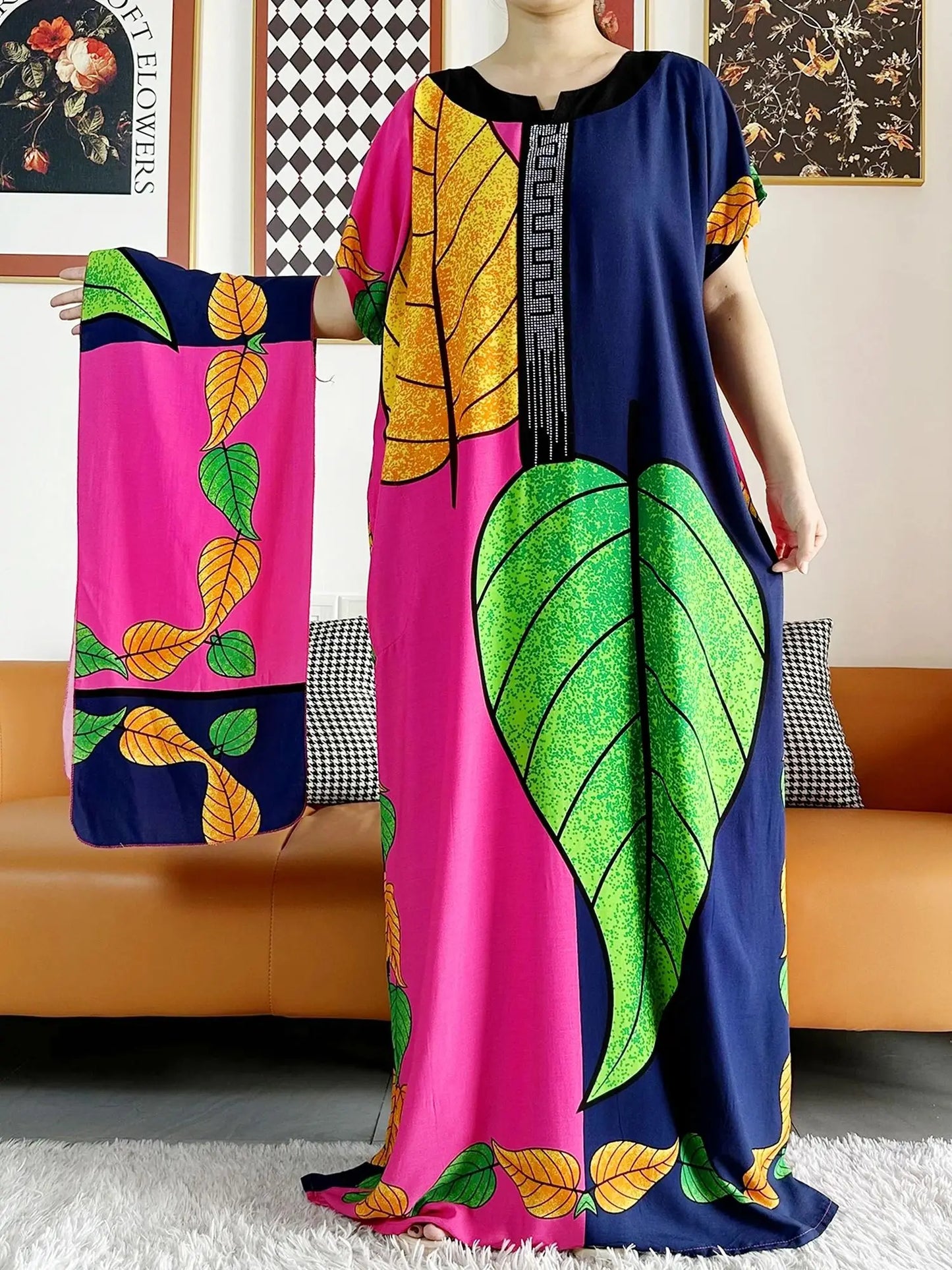 African Dashiki Dress Kaftan Abaya Cotton Boat-neck Floral Dress Printed Short Sleeve Loose Women Casual Dress with Scarf