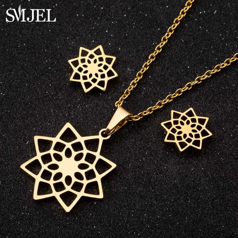 Stainless Steel Lily Flower Necklace Women Girls Golden Jewelry Sets Trendy Datura Cherry Blossom Earrings Wedding Gift