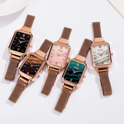 2pcs Set Women Watches Fashion Square Ladies Quartz Watch Bracelet Simple Rose Gold Mesh Luxury Women Watches Relogio Feminino