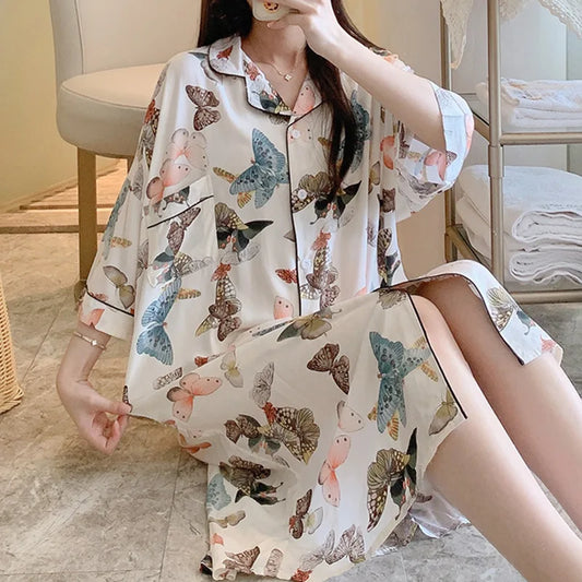 New Summer Nightgowns Women Nightwear Flower Cardigan Sleepwear Ladies Home Clothes Big Size Loungewear Women Pajamas Nighties