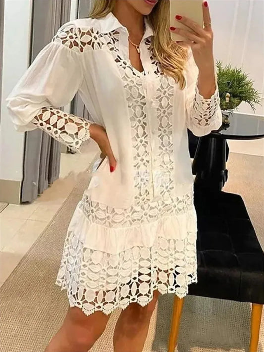 New Autumn Women Casual Dress Fashion Sexy Lace Hollow Solid Shirt Mini Dresses Long Sleeve Holiday Party Robe Femme