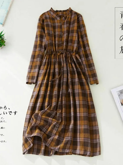 Women Casual Dress New Arrival 2022 Autumn Vintage Style Plaid Pattern Loose Comfortable Cotton Female A-line Long Dresses B2169