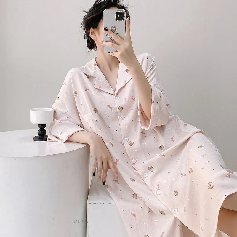 New Summer Nightgowns Women Nightwear Flower Cardigan Sleepwear Ladies Home Clothes Big Size Loungewear Women Pajamas Nighties