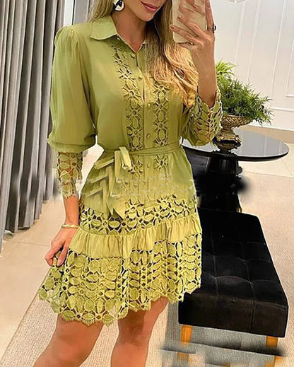 New Autumn Women Casual Dress Fashion Sexy Lace Hollow Solid Shirt Mini Dresses Long Sleeve Holiday Party Robe Femme