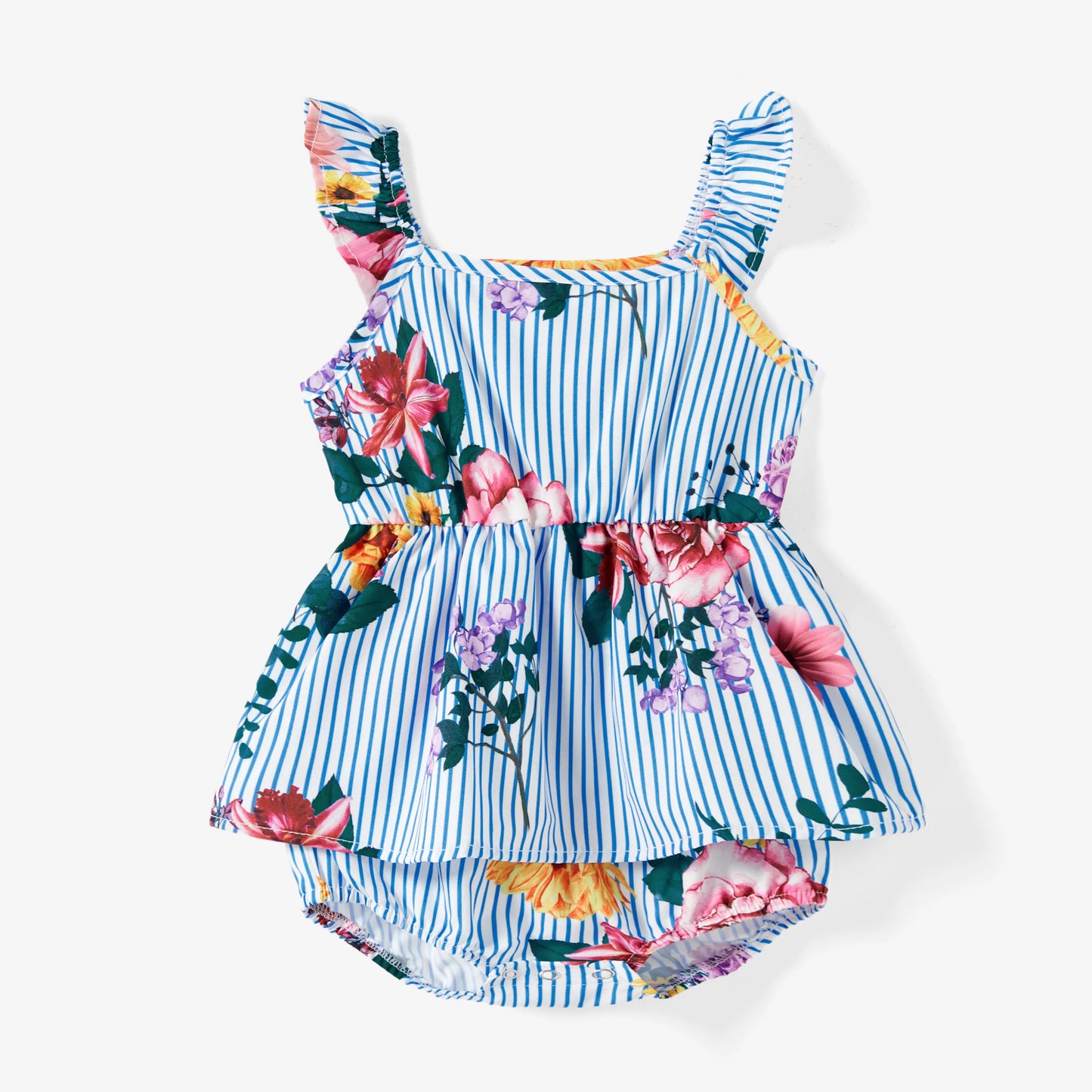 Family Matching Sets Denim Blue Short-Sleeve Shirt and Floral Print Shirred Top Strap Dress