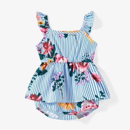 Family Matching Sets Denim Blue Short-Sleeve Shirt and Floral Print Shirred Top Strap Dress