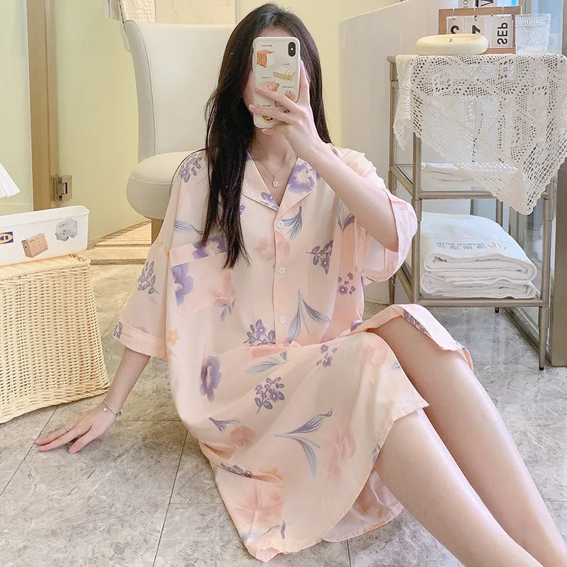 New Summer Nightgowns Women Nightwear Flower Cardigan Sleepwear Ladies Home Clothes Big Size Loungewear Women Pajamas Nighties