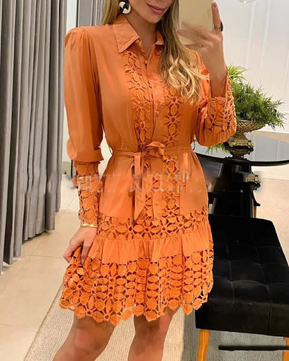 New Autumn Women Casual Dress Fashion Sexy Lace Hollow Solid Shirt Mini Dresses Long Sleeve Holiday Party Robe Femme
