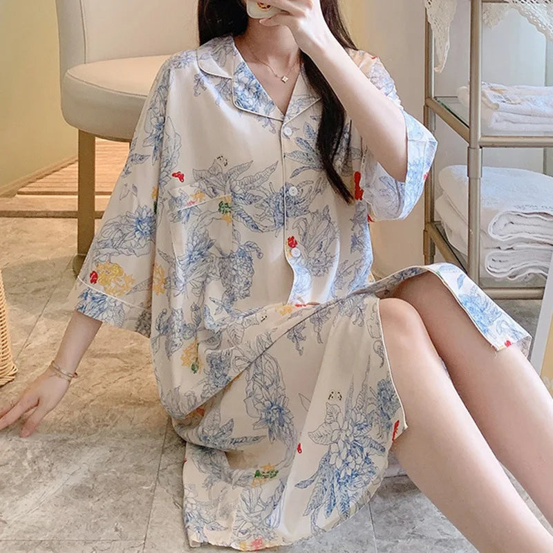 New Summer Nightgowns Women Nightwear Flower Cardigan Sleepwear Ladies Home Clothes Big Size Loungewear Women Pajamas Nighties