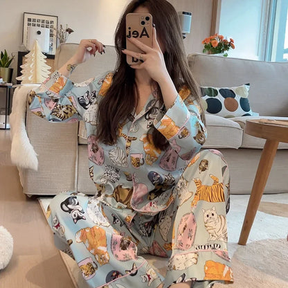 Pajamas for Female Spring and Autumncute Cat Cardigan Long Sleeved Pajamas Set Satin Loungewear Women Lingerie Kawaii Girl's Pjs