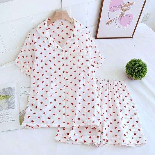 Summer Japanese Style Sweet Crepe Cotton Kimono Pajamas Lapel Cartoon Cute Printing Loose Loungewear Women 2 Piece Sleepwear