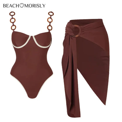 2025 Summer Swimsuit Women Sexy Ring Decoration Brown One Piece Swimwear Vacation Beachwear Luxury Bathing Suit Bikini Sets