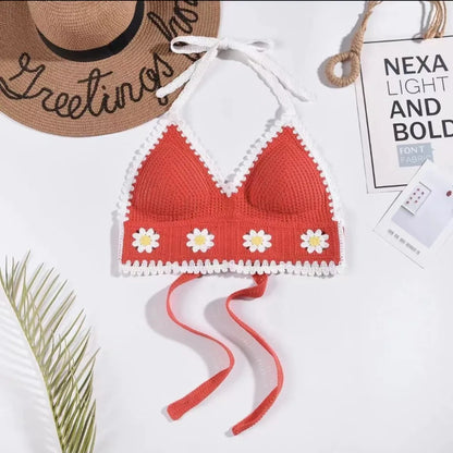 Beach Wear Women Swimwear Top Fashion Bohemian with Chest Pads Summer Sling Sexy Crochet Short Vest Street