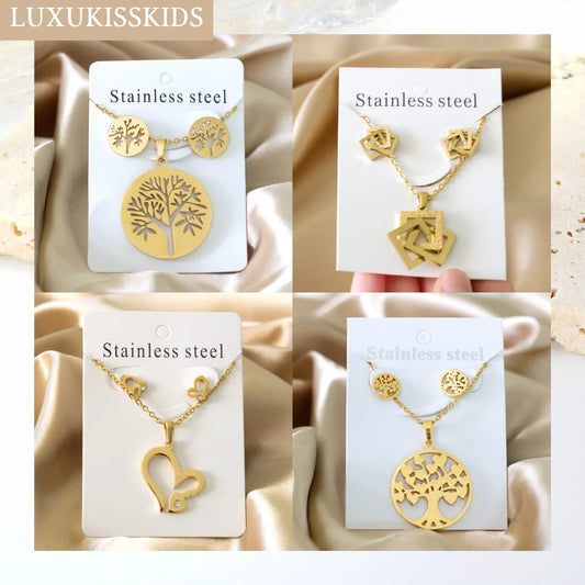 Trendy Jewelry Set Stainless Steel Silver/Gold Color Woman/Men Wholesale Heart Pendant Necklace Earings Bridal Sets