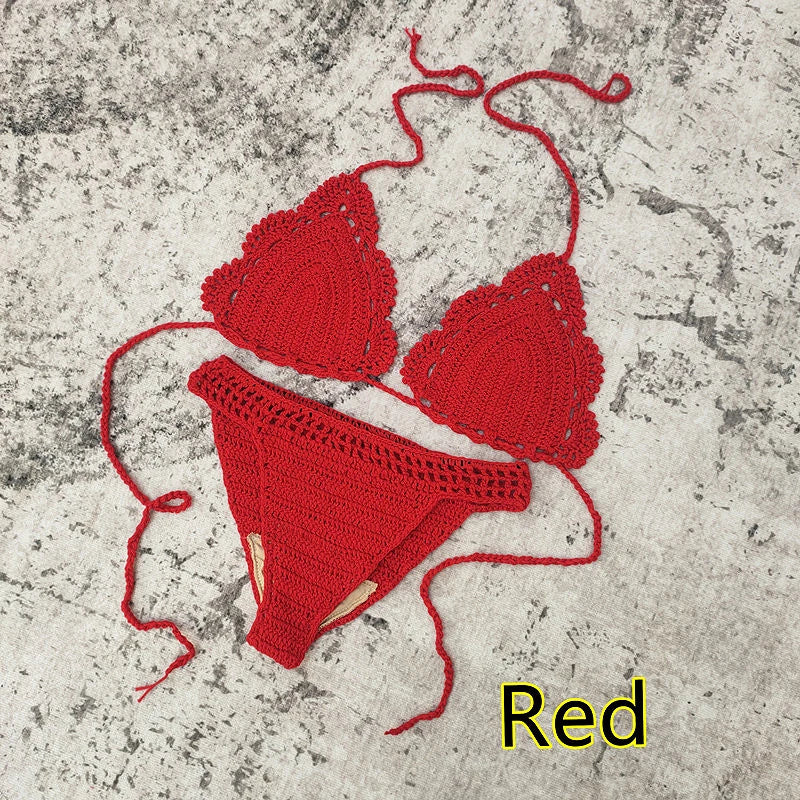 3 Piece Hand Crochet Beach Bikini Set Women Swimwear Cover UP Mini Skirt Swimsuit Suit