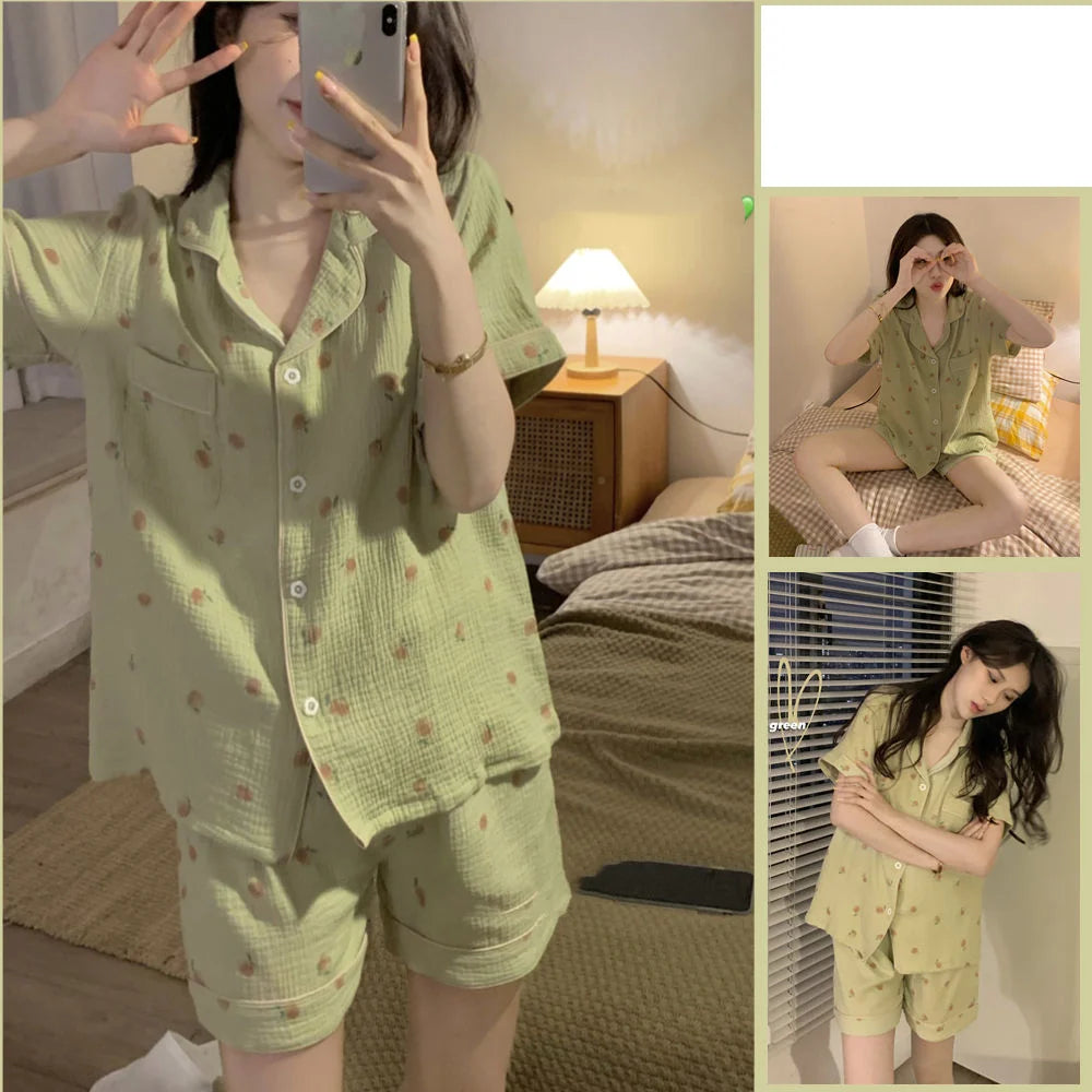 Rabbit Printing Ladies Pajamas Set Summer Kawaii Loungewear Women Green Homewear Cute Cartoon Korean Fashion Version Outfits