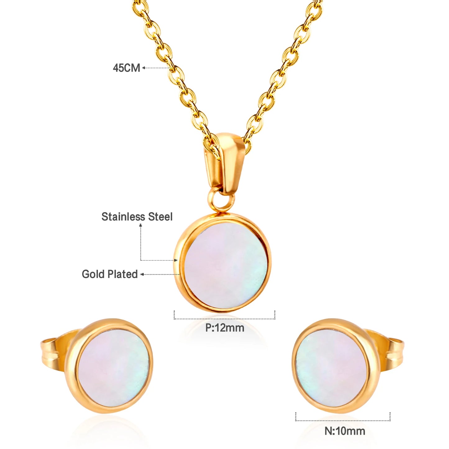 Clearly Shell Pendant Necklace Earrings Woman/Girls Stainless Steel Round Shape Charm Jewelry Set for Wedding Party