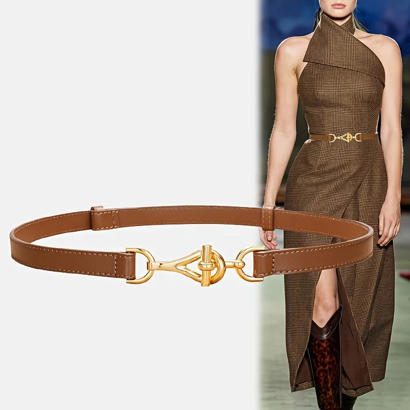Genuine Leather Thin Women Belts Geometric Lock Buckle Elegant Waistband Classic Dress Coat Girdle For Women