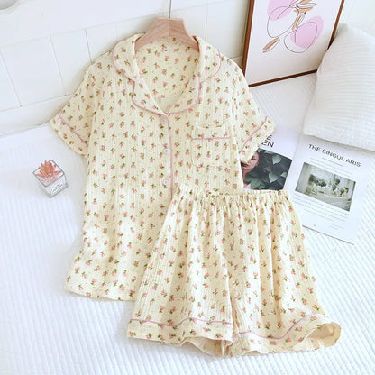 Summer Japanese Style Sweet Crepe Cotton Kimono Pajamas Lapel Cartoon Cute Printing Loose Loungewear Women 2 Piece Sleepwear