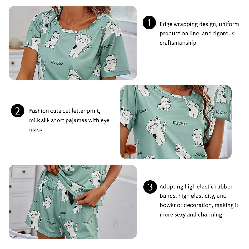 Women's Pajamas Set Cartoon Printed Sleepwear Home Clothes Summer Short Sleeved Tops and Shorts Pajama 2 Pieces Loungewear Women