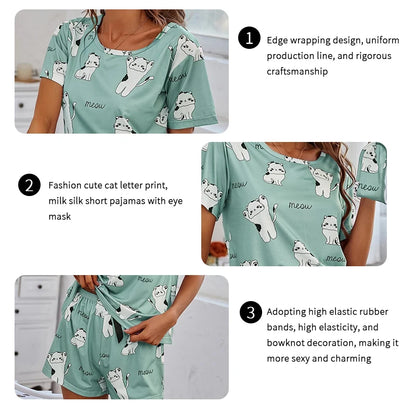 Women's Pajamas Set Cartoon Printed Sleepwear Home Clothes Summer Short Sleeved Tops and Shorts Pajama 2 Pieces Loungewear Women