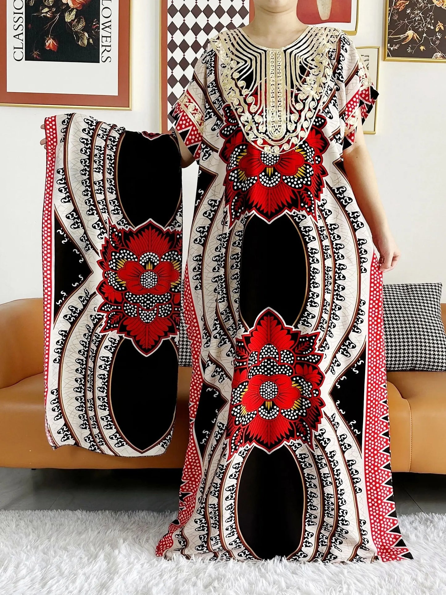 African Dashiki Dress Kaftan Abaya Cotton Boat-neck Floral Dress Printed Short Sleeve Loose Women Casual Dress with Scarf