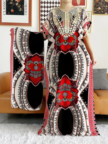 African Dashiki Dress Kaftan Abaya Cotton Boat-neck Floral Dress Printed Short Sleeve Loose Women Casual Dress with Scarf