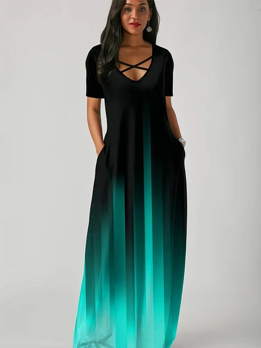 Women Casual Dress Side Pocket Short Sleeve Mint Green Gradient Maxi Dress