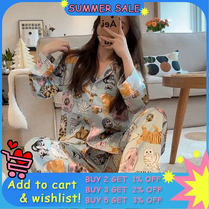 Pajamas for Female Spring and Autumncute Cat Cardigan Long Sleeved Pajamas Set Satin Loungewear Women Lingerie Kawaii Girl's Pjs