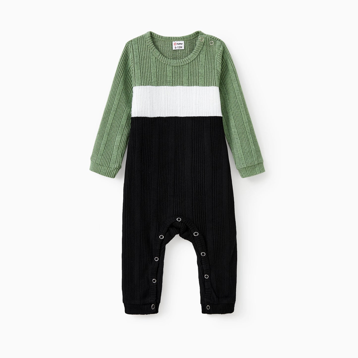 Family Matching Sets Green Color Block Long Sleeves Ribbed Tops/Dress/Romper