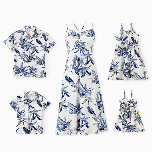 Family Matching Sets Plant Floral Shirt or Drawstring Front Halter Strap A-Line Dress