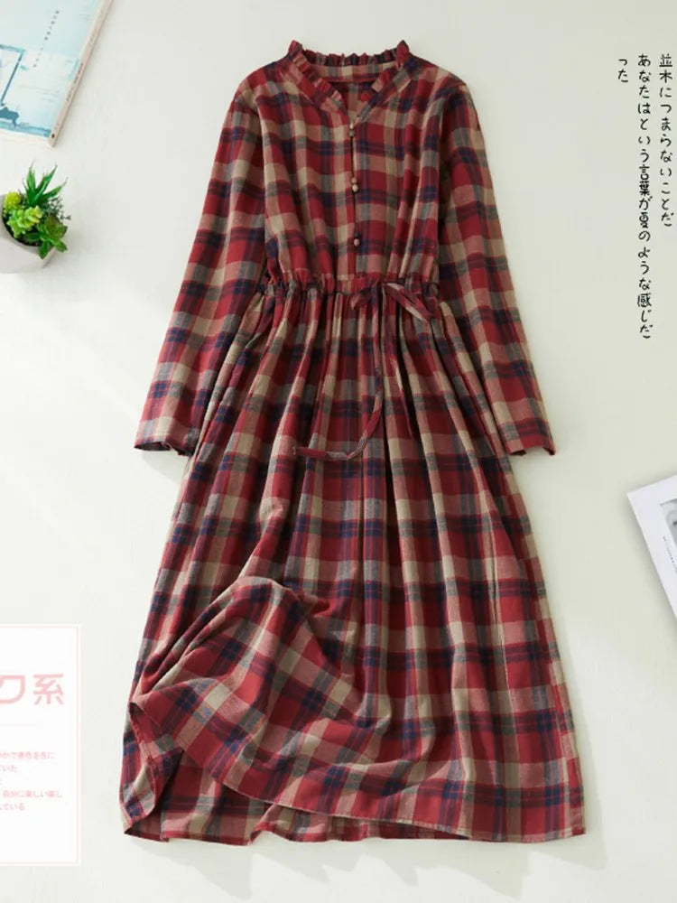 Women Casual Dress New Arrival 2022 Autumn Vintage Style Plaid Pattern Loose Comfortable Cotton Female A-line Long Dresses B2169