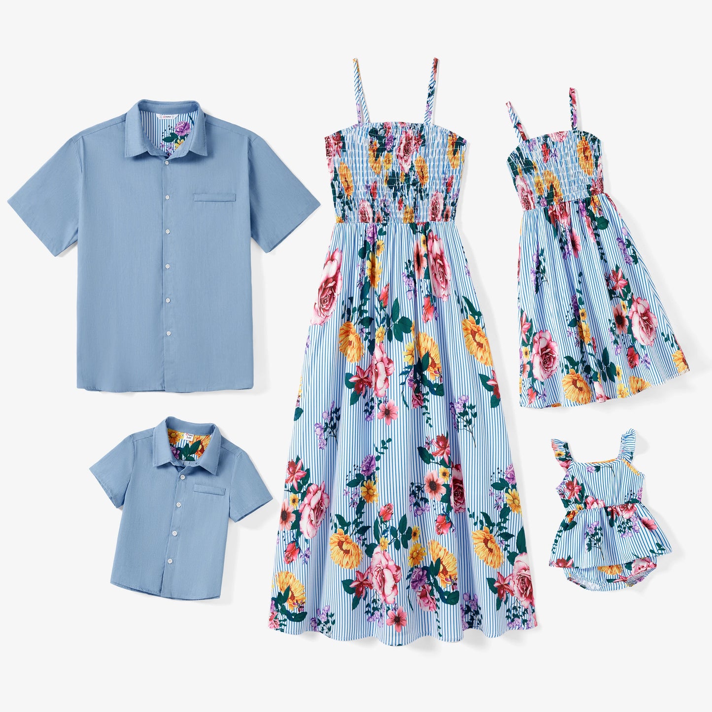 Family Matching Sets Denim Blue Short-Sleeve Shirt and Floral Print Shirred Top Strap Dress