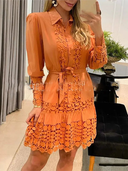 New Autumn Women Casual Dress Fashion Sexy Lace Hollow Solid Shirt Mini Dresses Long Sleeve Holiday Party Robe Femme