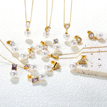 Stainless Steel Set Jewelry Woman Imitation Round Pearl Jewellry Sets Wedding Party Dangle Drop Earrings Necklace