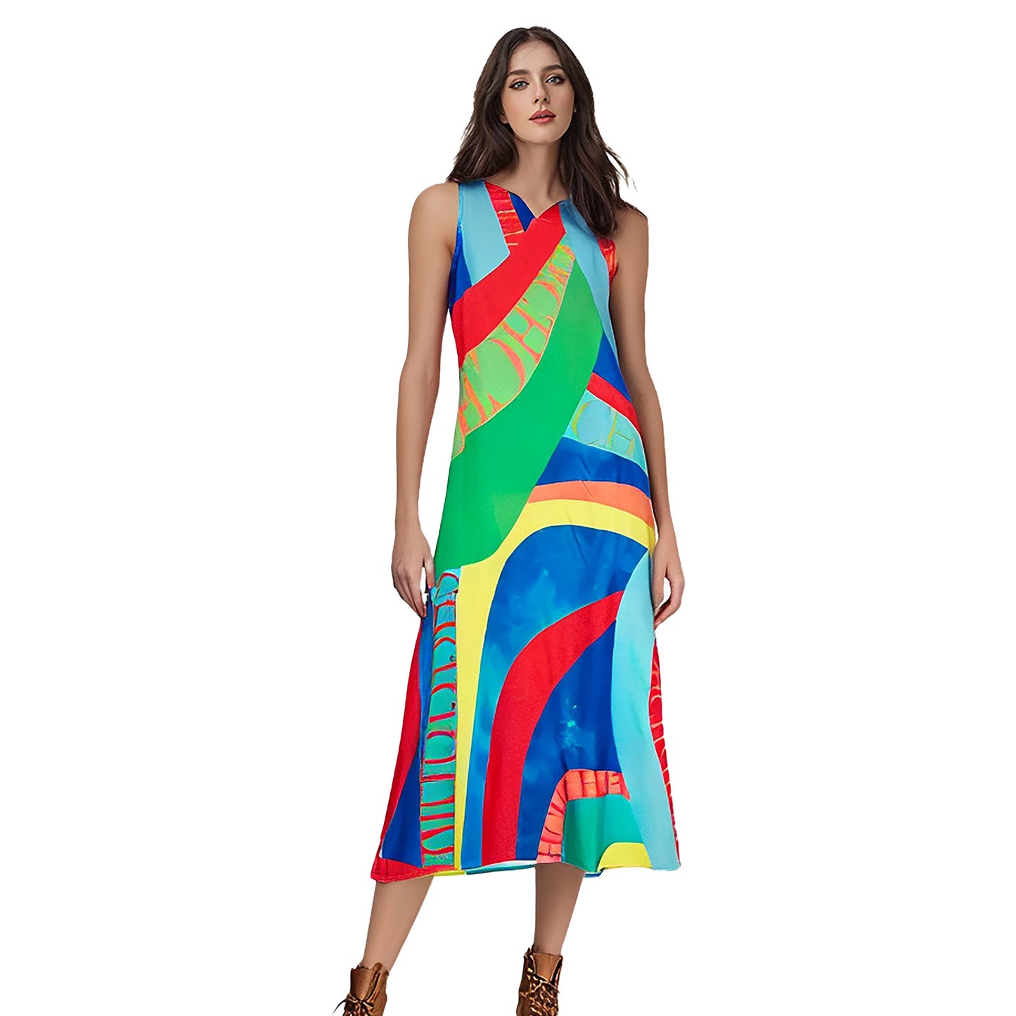 New Summer Women's Loose Long Dress Sleeveless V-neck  A-line Elegant Dresses for Women Casual Dress