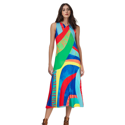 New Summer Women's Loose Long Dress Sleeveless V-neck  A-line Elegant Dresses for Women Casual Dress