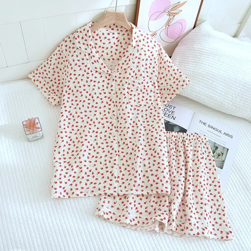 Summer Japanese Style Sweet Crepe Cotton Kimono Pajamas Lapel Cartoon Cute Printing Loose Loungewear Women 2 Piece Sleepwear