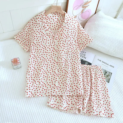 Summer Japanese Style Sweet Crepe Cotton Kimono Pajamas Lapel Cartoon Cute Printing Loose Loungewear Women 2 Piece Sleepwear