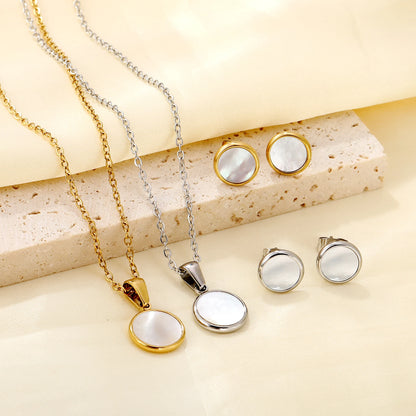 Clearly Shell Pendant Necklace Earrings Woman/Girls Stainless Steel Round Shape Charm Jewelry Set for Wedding Party